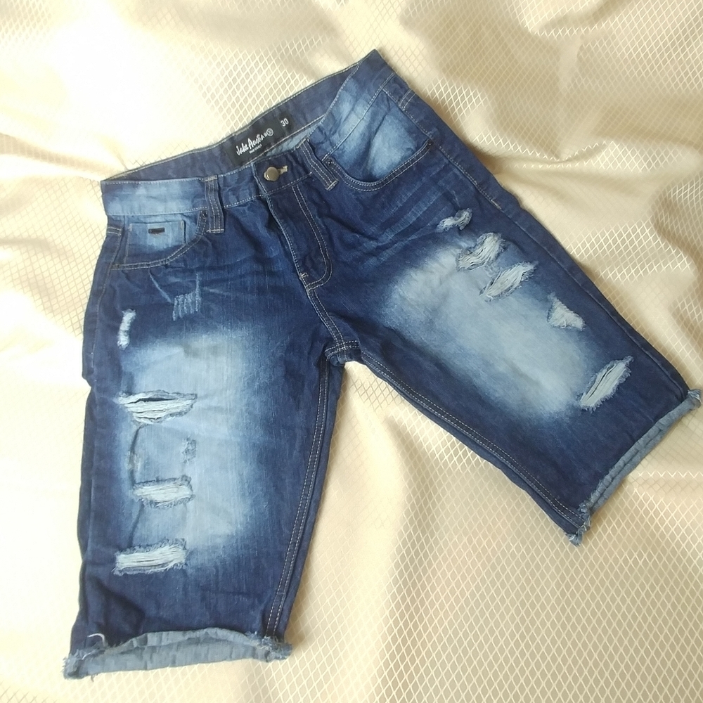 Dark Blue Men's Ripped Jean Shorts - Picture 2 of 6